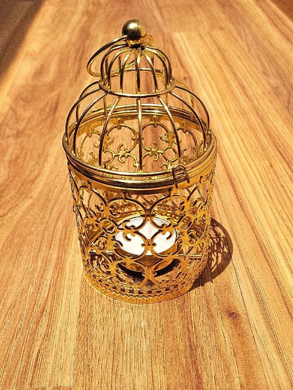 Gold Ornate Filigree Candle Lantern with Hanging Ring
